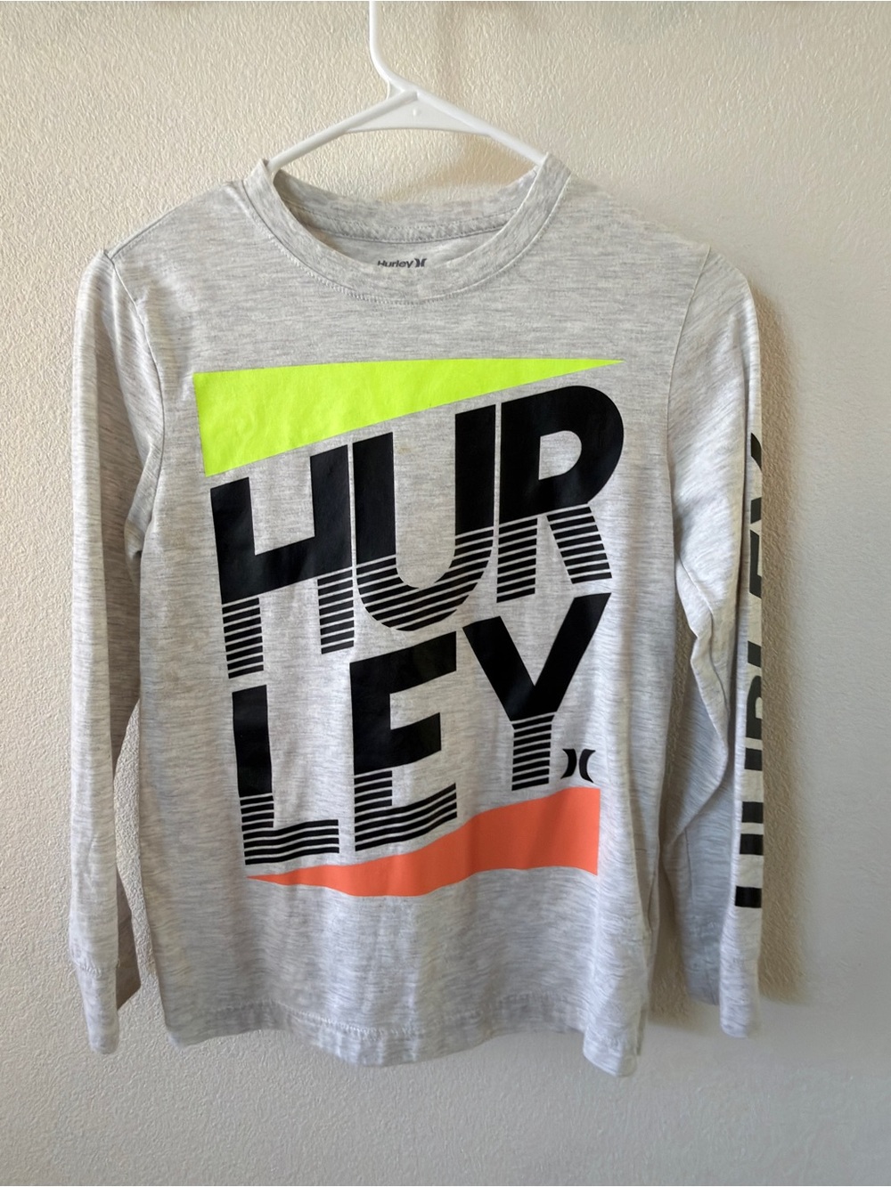 Hurley Light Gray Long Sleeve Tee with Neon Yellow Stripe